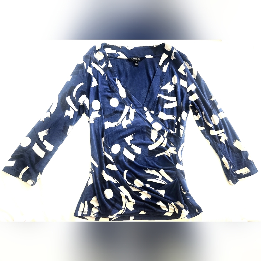 Ralph Lauren Elbow Sleeve Blue Geometric Blouse